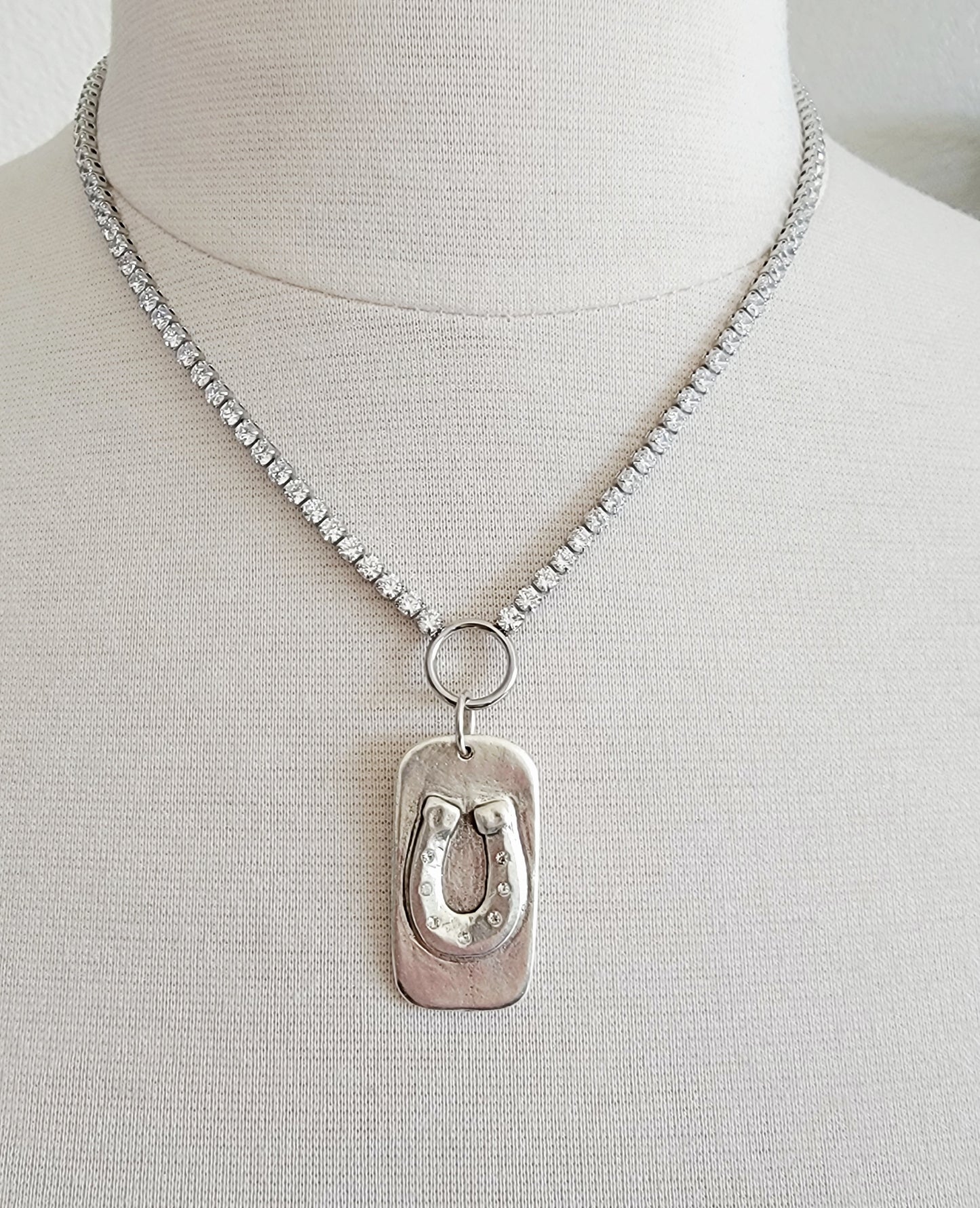 CZ Silver Horseshoe Dog Tag Chain Necklace