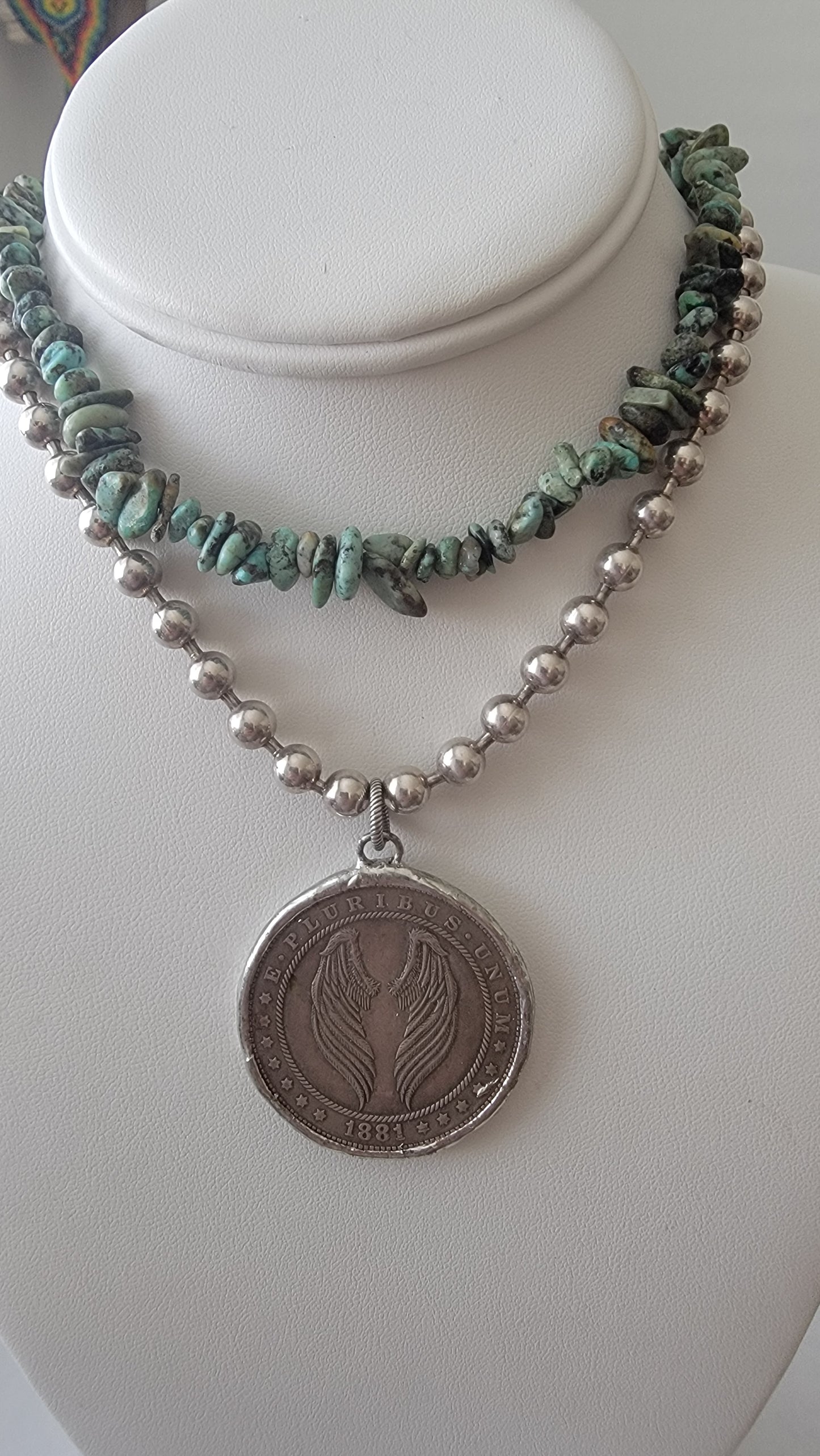 Silver Ball Chain Necklace with Vintage Winged Coin
