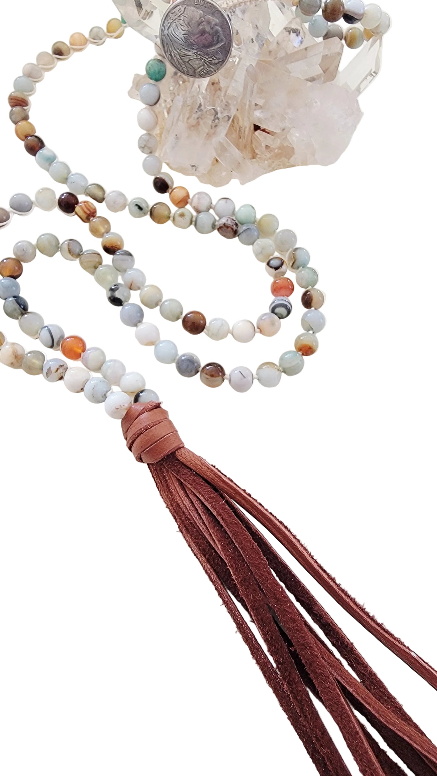 Amzonite Gemstone Necklace with a Leather Tassel