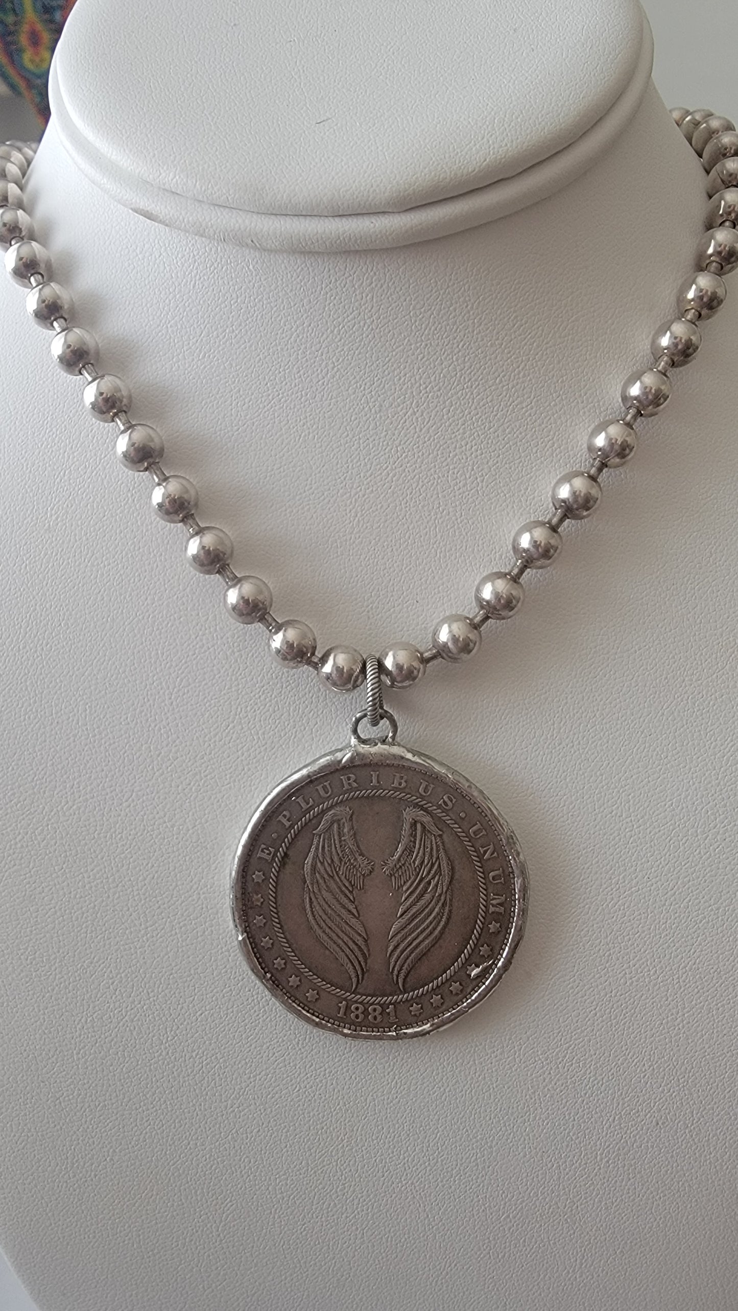 Silver Ball Chain Necklace with Vintage Winged Coin