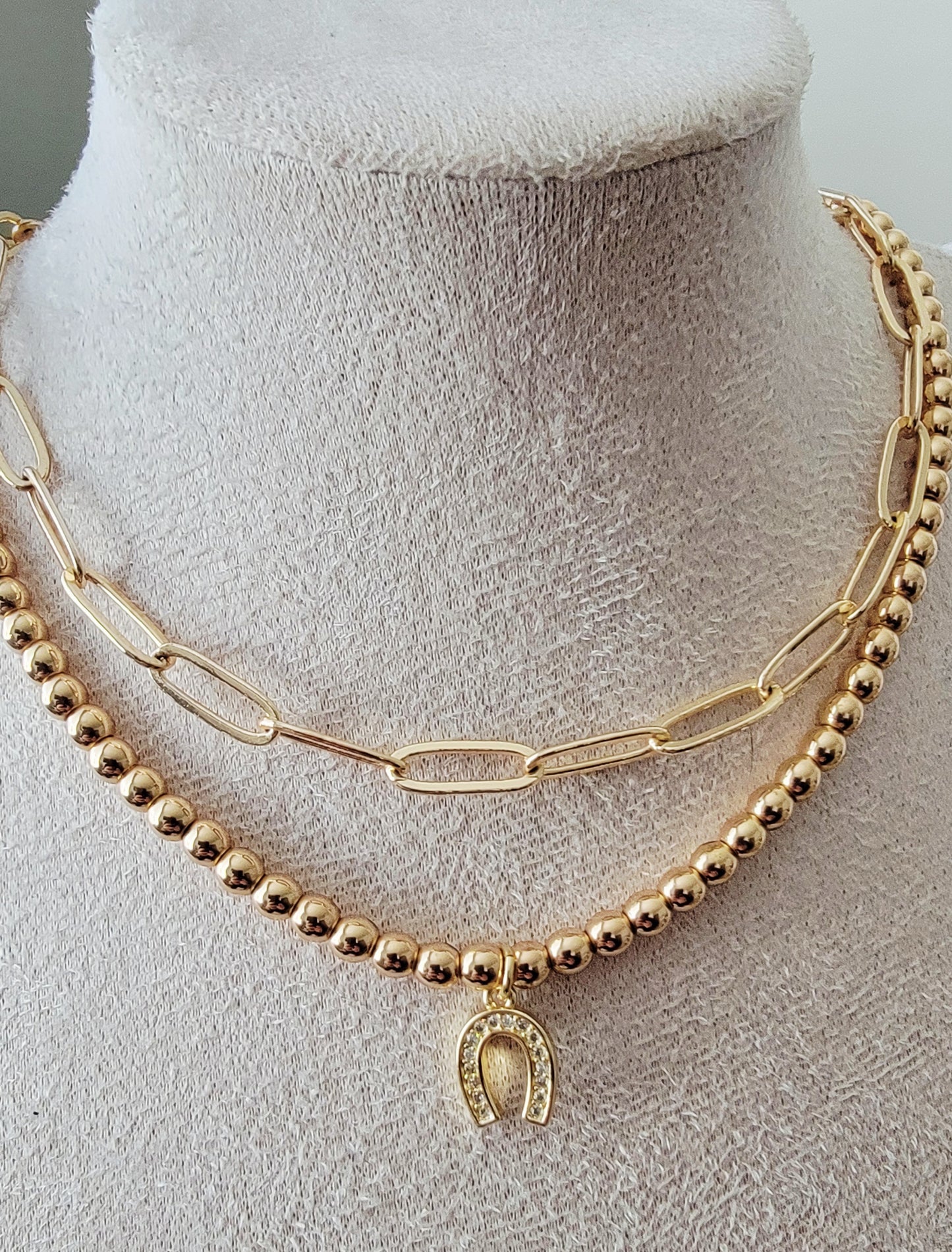 Lucky 14k Gold Filled CZ Horseshoe Beaded Necklace