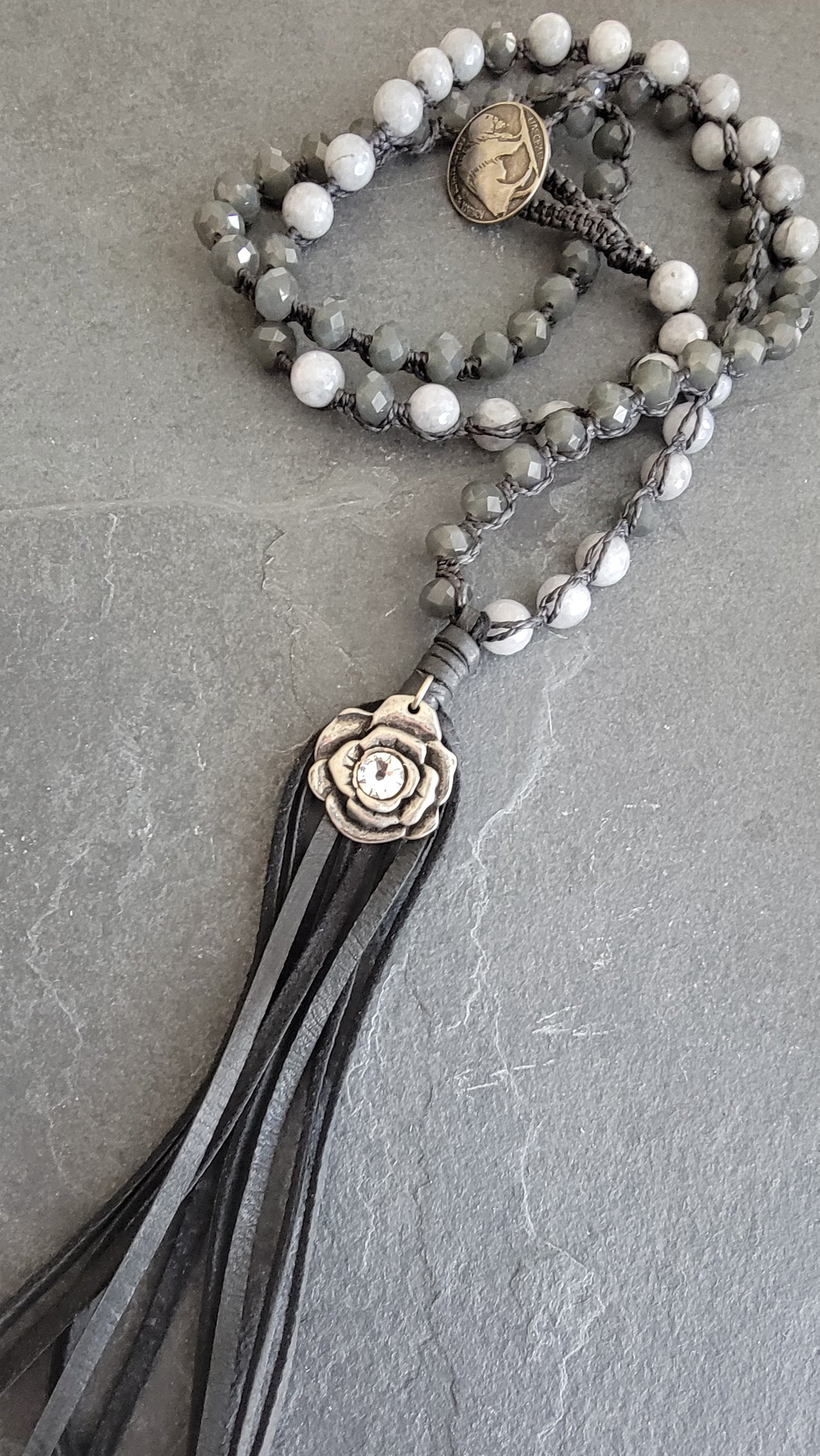 38" Jasper Beaded Tassel Necklace