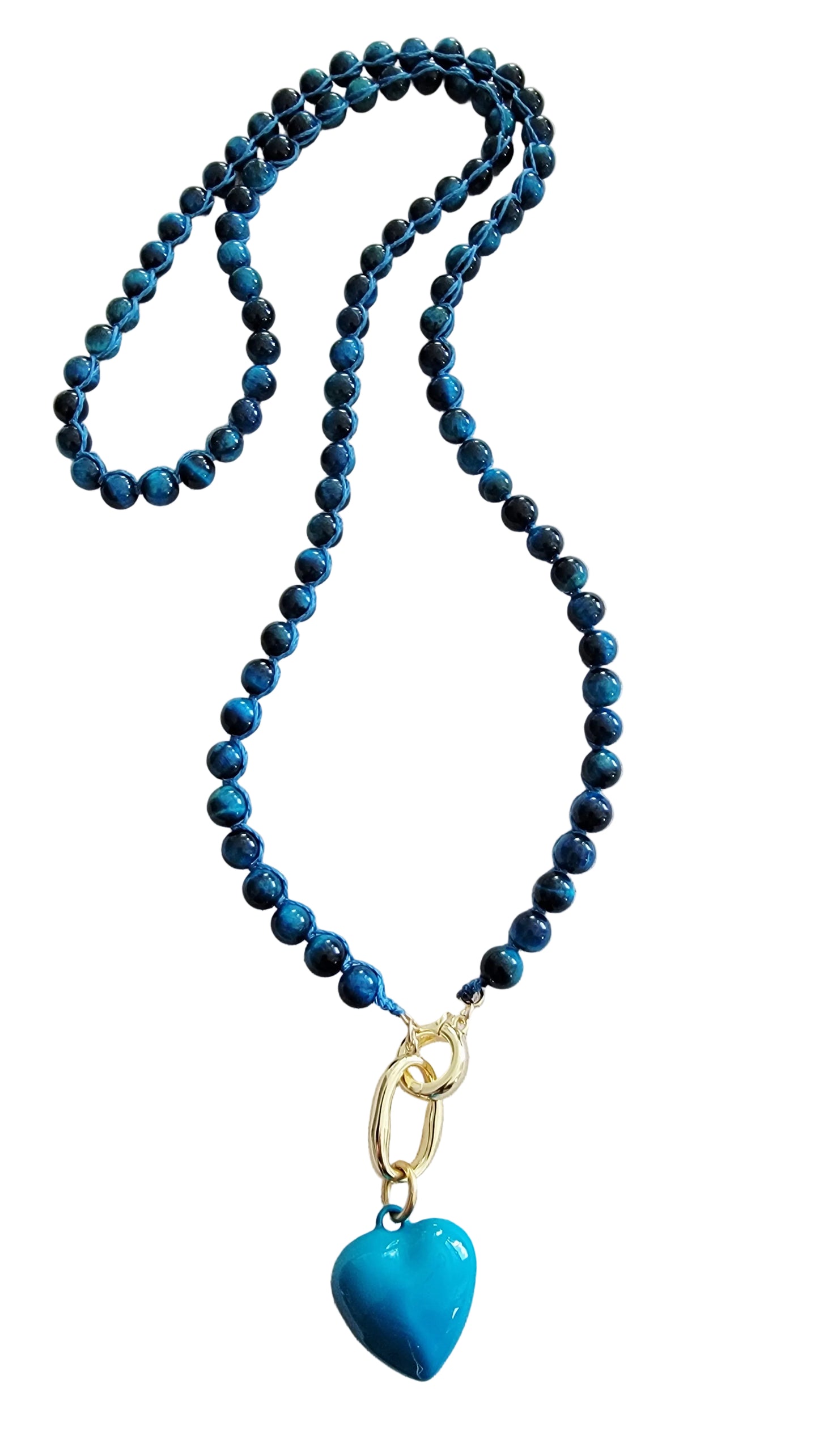 Turquoise Tiger Eye with Puffy Heart Pendant – 34" Long Statement Necklace