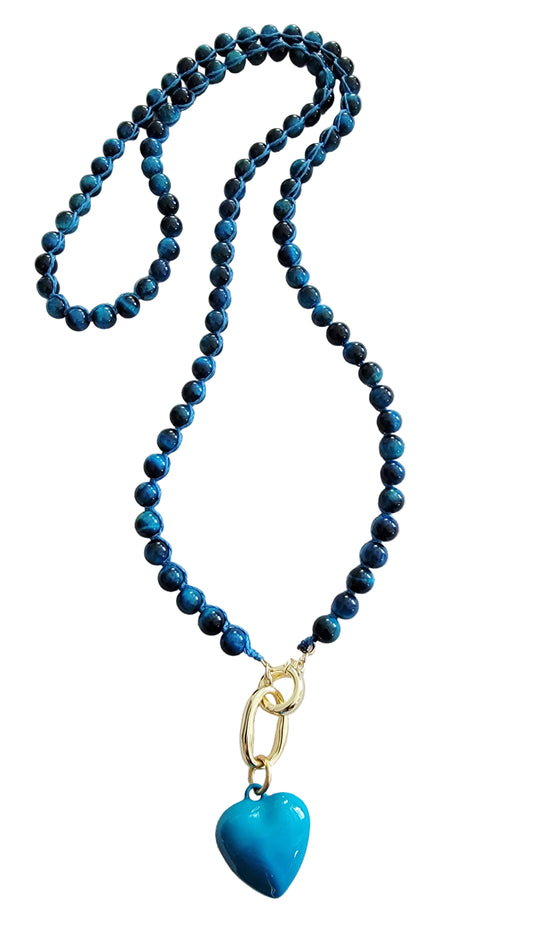 Turquoise Tiger Eye with Puffy Heart Pendant – 34" Long Statement Necklace