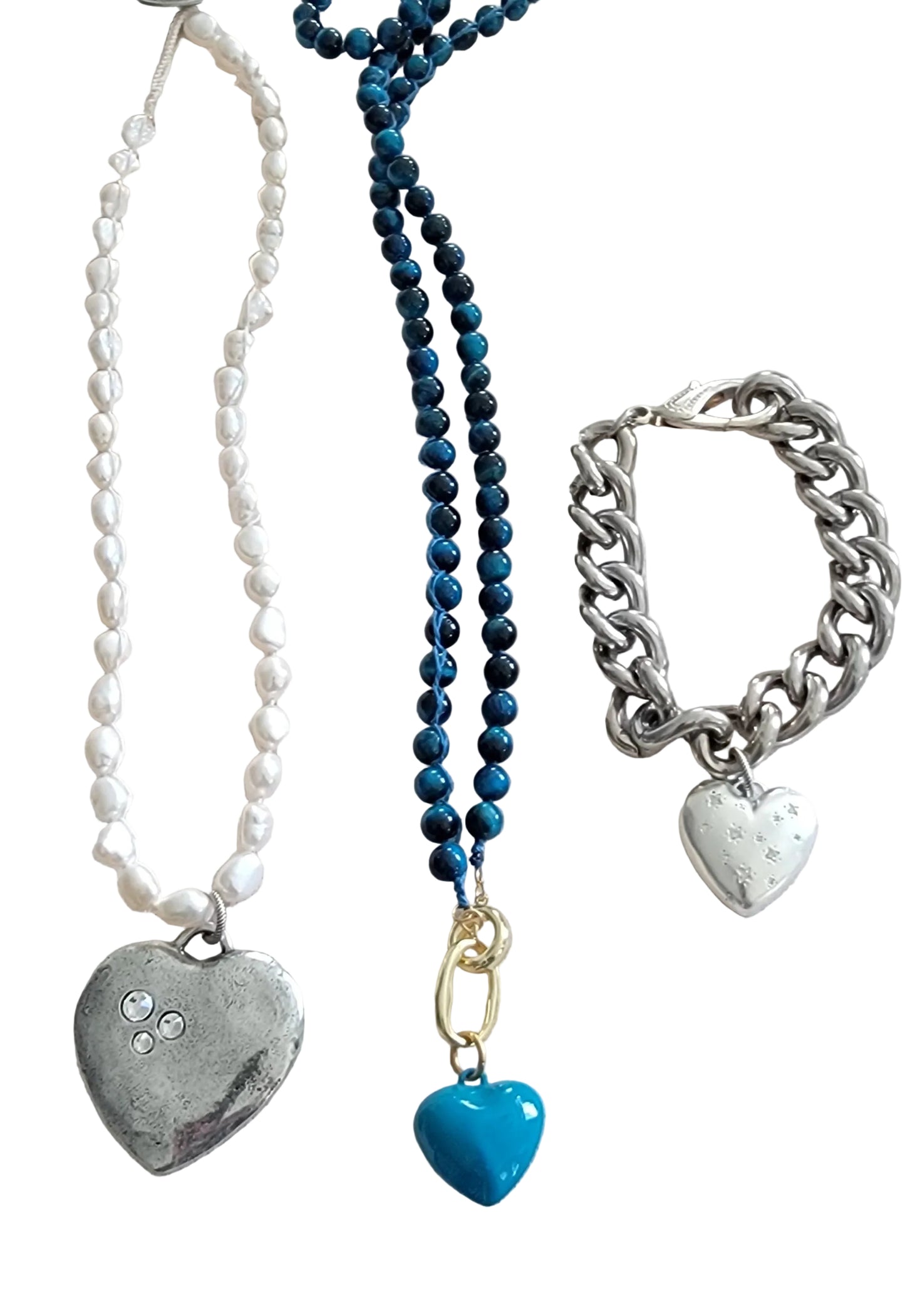 Turquoise Tiger Eye with Puffy Heart Pendant – 34" Long Statement Necklace