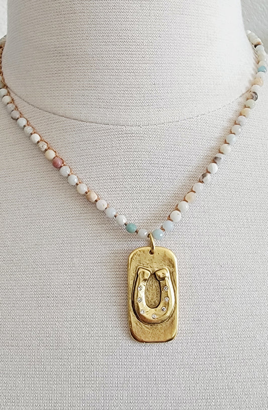 Amazonite Beaded Horseshoe CZ Dogtag Necklace