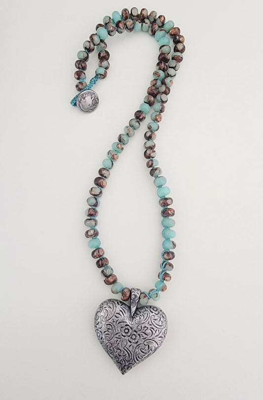 Chrysoprase Beaded Silver Heart Necklace