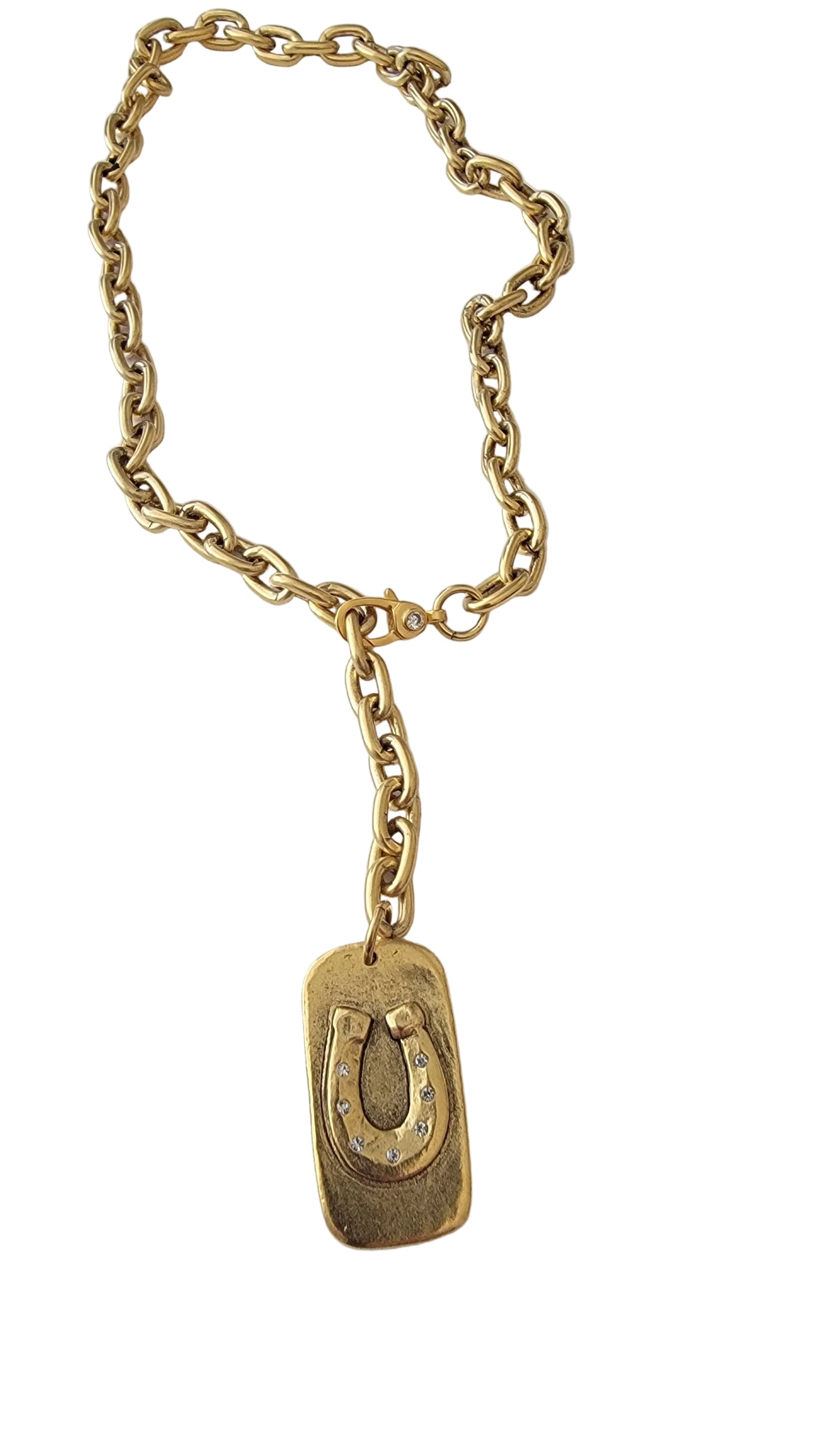 Chunky Vintage Chain Horseshoe dogtag CZ Necklace