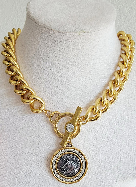 Chunky Gold Chain Necklace with a CZ Gold Unicorn Coin Pendant