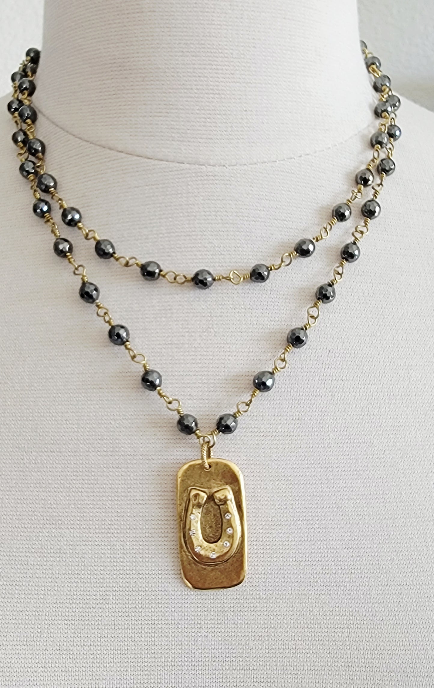 Pyrite Rosary Chain CZ Horseshoe Dogtag Necklace