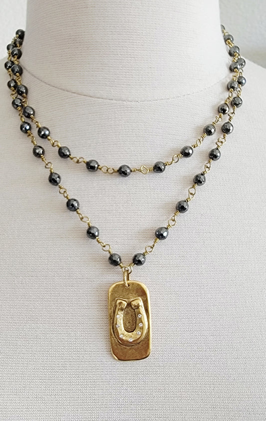 Pyrite Rosary Chain CZ Horseshoe Dogtag Necklace